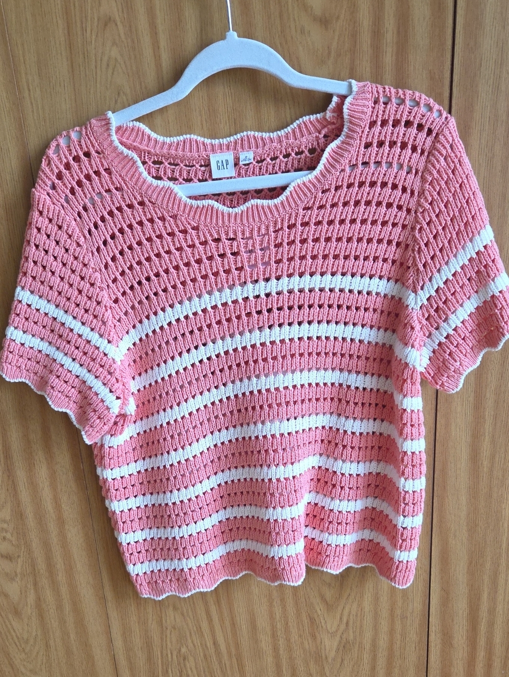 GAP Coral Pink and Cream Striped Open-Knit Short Sleeve Sweater